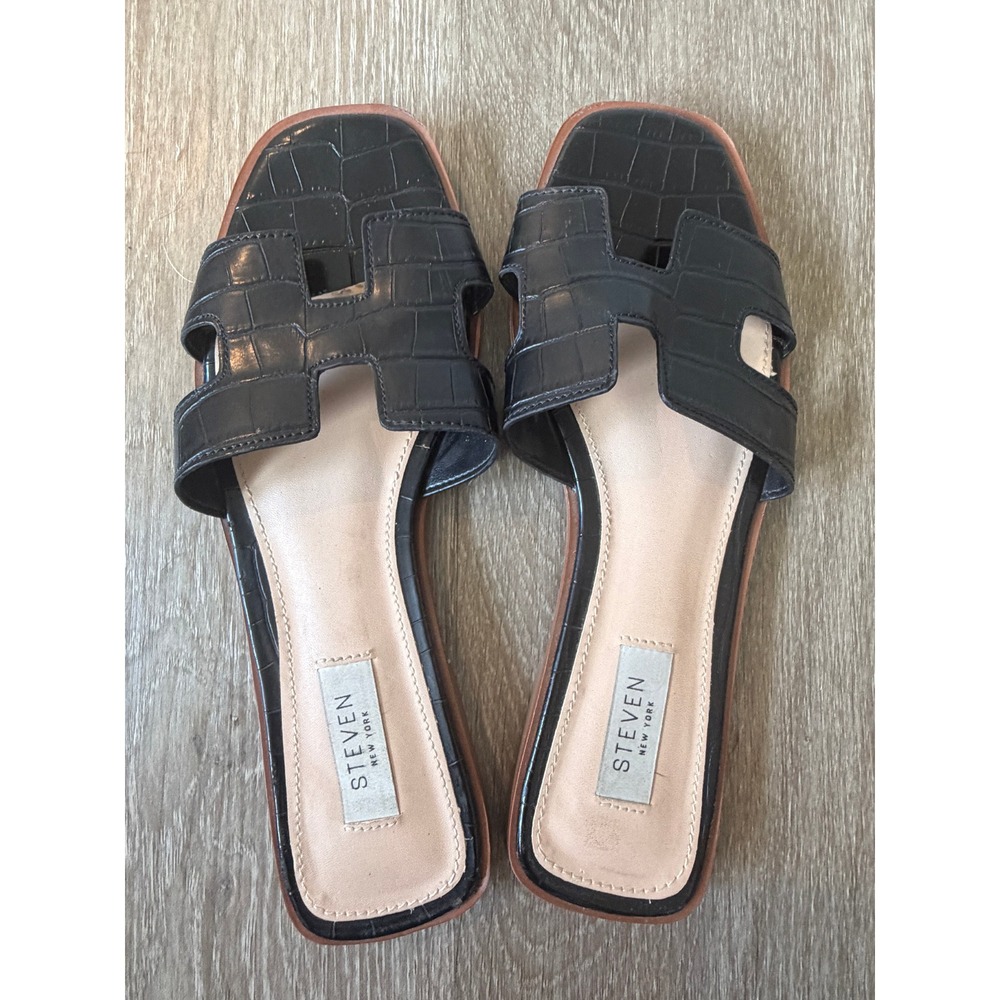 Steven New York Hadyn Black Croc H-Band Slide Sandals Square Toe Flat Size 8